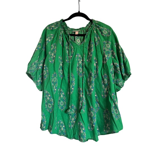 Knox Rose Womens Top XXL Green Blue Paisley Print Short Sleeve Blouse - Picture 1 of 9